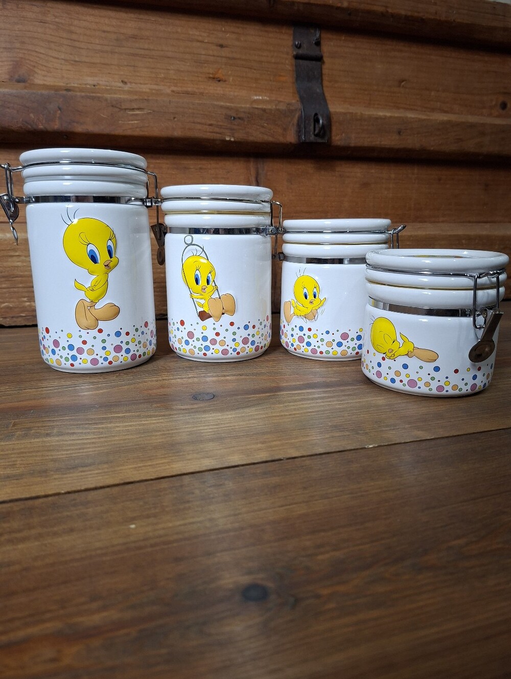 Vintage Tweety Bird Warner Bros Looney Tune Canister Set Storage Jar Polka Dot